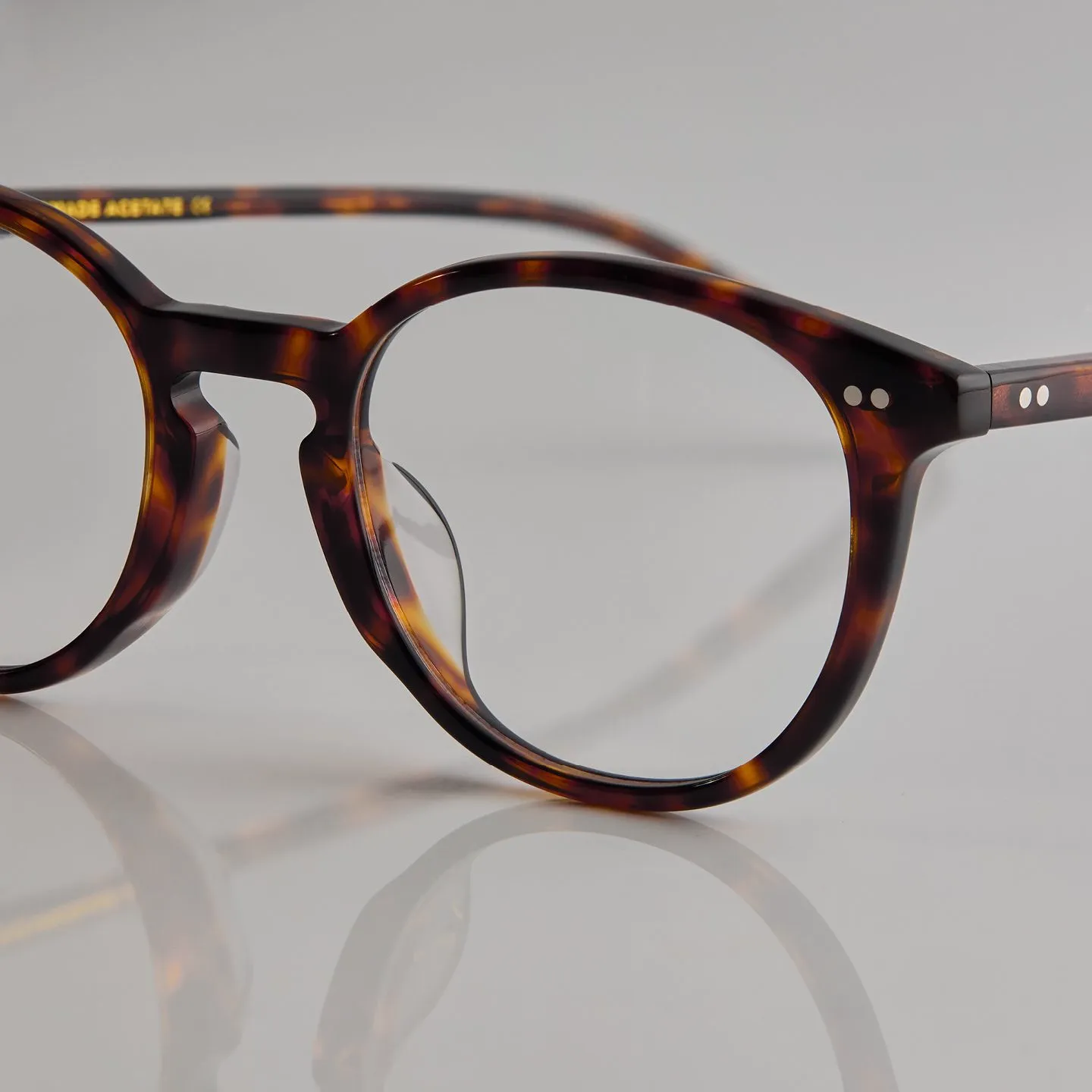 Tortoise round frame with its reflection on a grey surface.