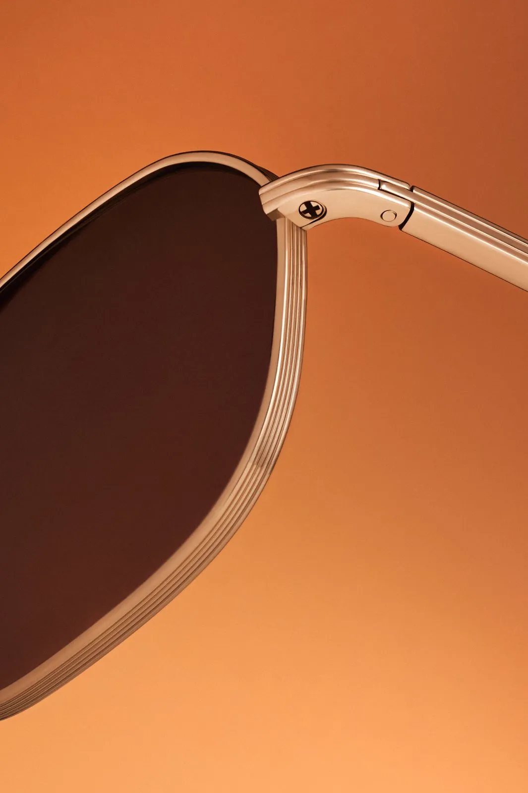 Macro of a rose-gold hinge and metal rim.